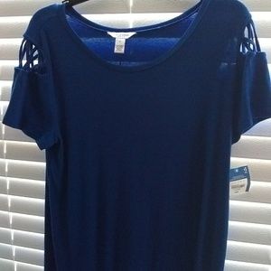 Blue childrens eposed shoulder dress.